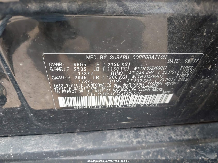 2018 Subaru Outback VIN 4S4BSACC5J3228537 IAAI salvage auction — RIGHT SIDE, Salvage Title, sold $2,450 on 2026-09-04 (photo 9)