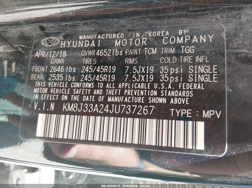 2018 Hyundai Tucson VIN KM8J33A24JU737267 IAAI salvage auction — NORMAL WEAR, Clear (Missouri), sold $50 on 2026-07-27 (photo 9)