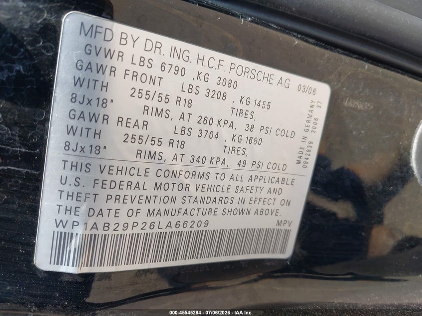 2006 Porsche Cayenne VIN WP1AB29P26LA66209 IAAI salvage auction — LEFT FRONT, Clear (Colorado), sold $625 on 2026-08-12 (photo 9)