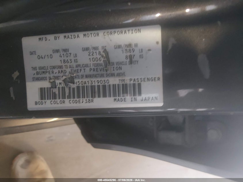 2010 Mazda 3 VIN JM1BL1H50A1319030 IAAI salvage auction — NORMAL WEAR, Clear (Tennessee), sold $675 on 2026-07-13 (photo 9)