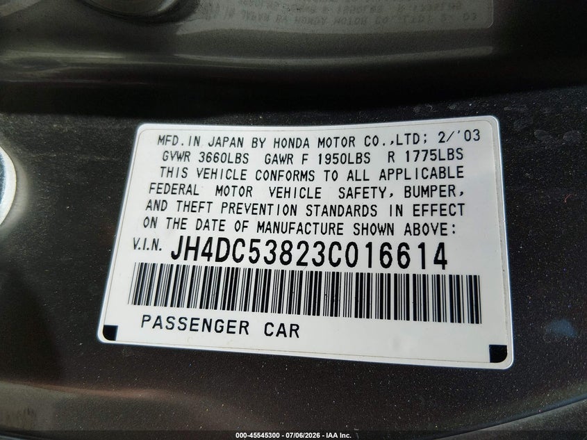 2003 Acura Rsx VIN JH4DC53823C016614 IAAI salvage auction — FRONT END, Salvage (California), sold $950 on 2026-07-28 (photo 9)
