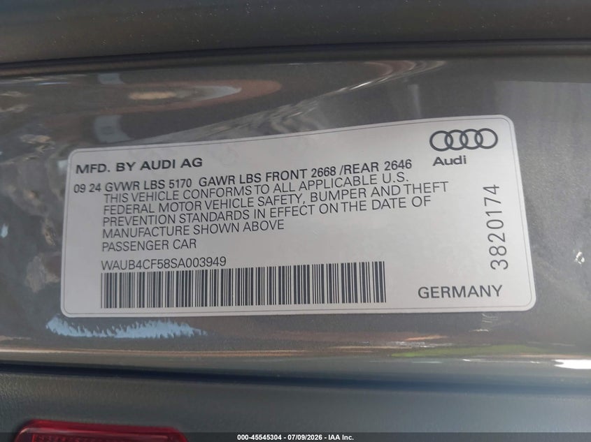 2025 Audi S5 VIN WAUB4CF58SA003949 IAAI salvage auction — HAIL, Clear (Oklahoma), sold $18,100 on 2026-09-08 (photo 9)
