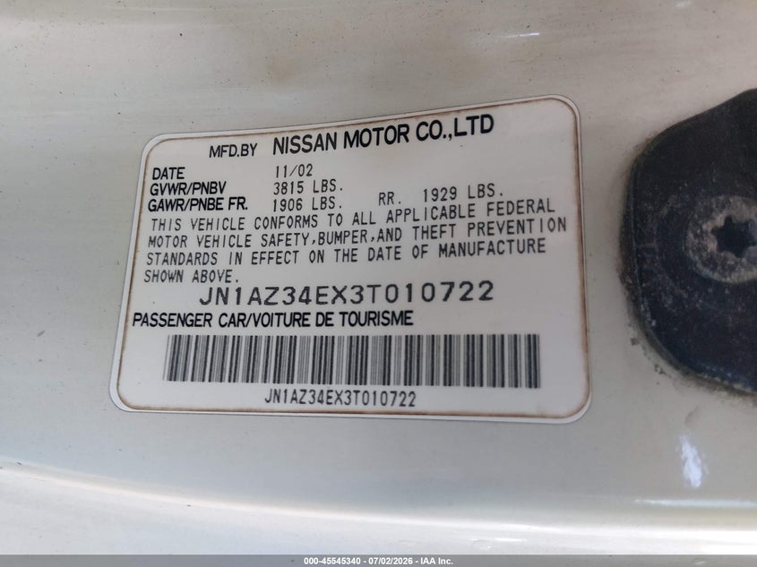 2003 Nissan 350z VIN JN1AZ34EX3T010722 IAAI salvage auction — LEFT FRONT, Rebuildable (Florida), sold $525 on 2026-07-17 (photo 9)