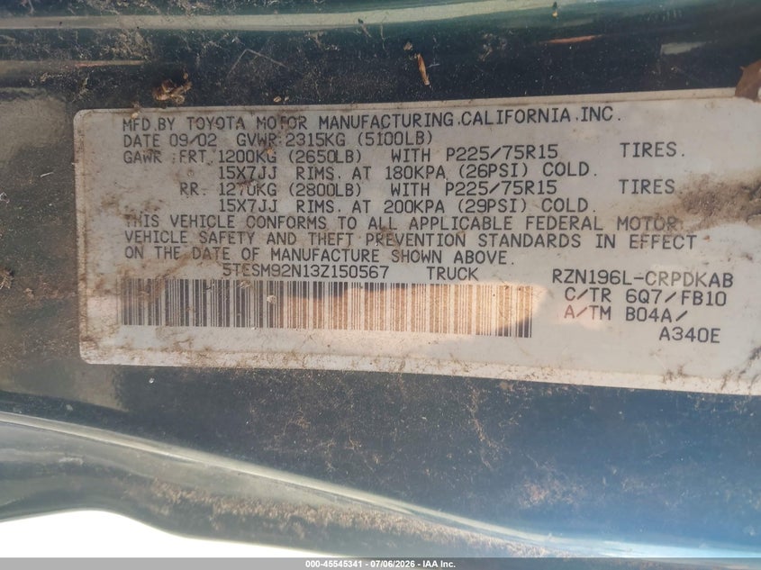 2003 Toyota Tacoma VIN 5TESM92N13Z150567 IAAI salvage auction — NORMAL WEAR, Clear - Dealer Only (California), sold $2,000 on 2026-07-22 (photo 9)