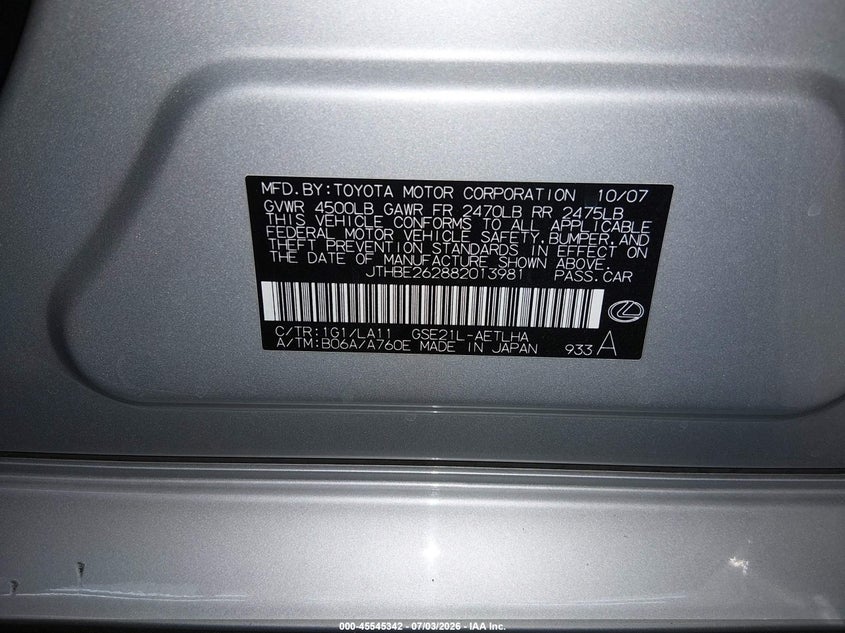 2008 Lexus Is 350 VIN JTHBE262882013981 IAAI salvage auction — LEFT FRONT, Salvage (Arizona), sold $25 on 2026-07-21 (photo 9)