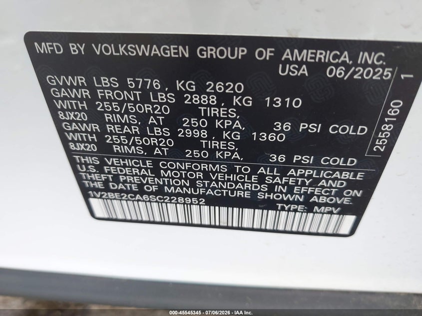 2025 Volkswagen Atlas cross sport VIN 1V2BE2CA6SC228952 IAAI salvage auction — FRONT END, Clear (Michigan), sold $7,800 on 2026-07-23 (photo 9)