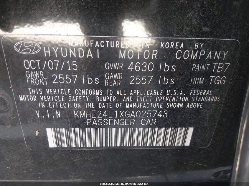 2016 Hyundai Sonata VIN KMHE24L1XGA025743 IAAI salvage auction — MECHANICAL, Salvage Title - Dealer (California), sold $175 on 2026-07-15 (photo 9)