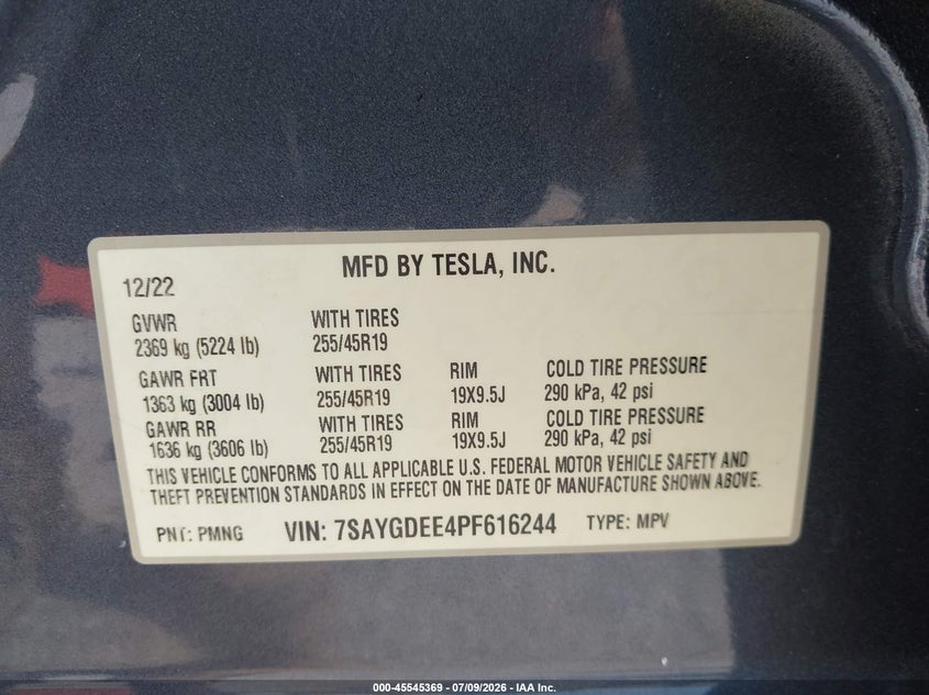 2023 Tesla Model y VIN 7SAYGDEE4PF616244 IAAI salvage auction — SIDE, Salvage Title, sold $11,500 on 2026-08-19 (photo 9)