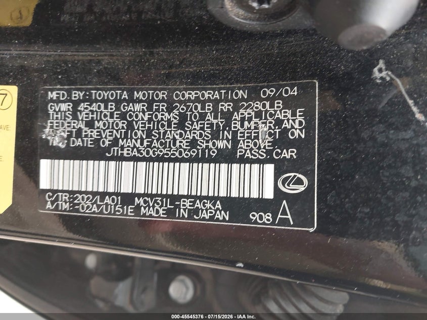2005 Lexus Es 330 VIN JTHBA30G955069119 IAAI salvage auction — REAR END, Salvage (Rhode Island), sold $225 on 2026-08-01 (photo 9)
