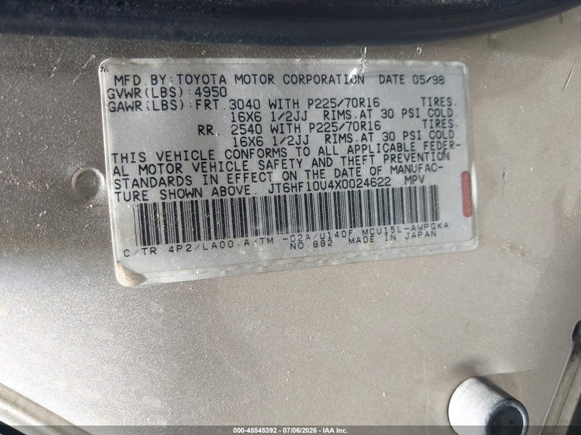 1999 Lexus Rx 300 VIN JT6HF10U4X0024622 IAAI salvage auction — NORMAL WEAR, Clear - Dealer Only (California), sold $625 on 2026-07-14 (photo 9)