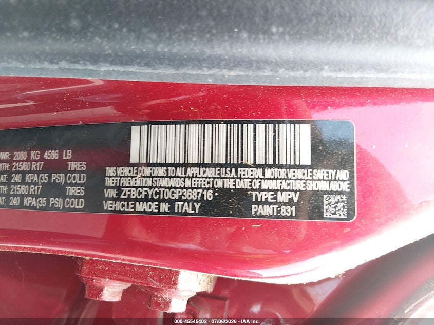 2016 Fiat 500x VIN ZFBCFYCT0GP368716 IAAI salvage auction — NORMAL WEAR, Clear (North Carolina), sold $325 on 2026-07-29 (photo 9)
