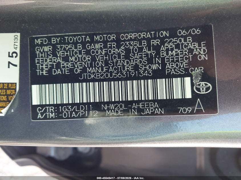2006 Toyota Prius VIN JTDKB20U563191343 IAAI salvage auction — NORMAL WEAR, Original (Texas), sold $25 on 2026-07-28 (photo 9)