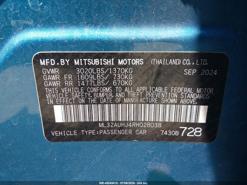 2024 Mitsubishi Mirage VIN ML32AUHJ4RH028038 IAAI salvage auction — LEFT SIDE, Enterprise Vehicles Clear Only (South Dakota), sold $7,475 on 2026-07-13 (photo 9)