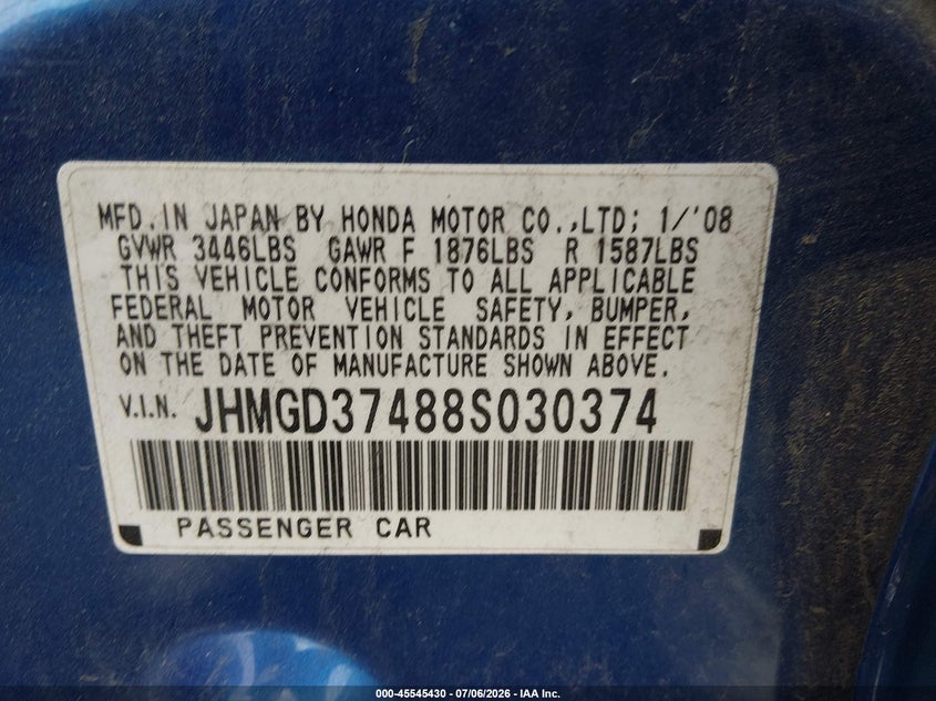 2008 Honda Fit VIN JHMGD37488S030374 IAAI salvage auction — SIDE, Salvage (Pennsylvania), sold $300 on 2026-07-17 (photo 9)