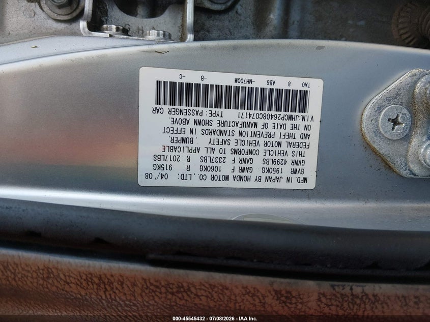 2008 Honda Accord VIN JHMCP26408C074171 IAAI salvage auction — NORMAL WEAR, Original (Texas), sold $400 on 2026-07-29 (photo 9)