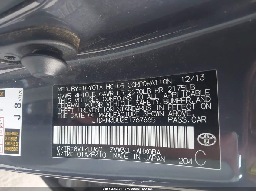 2014 Toyota Prius VIN JTDKN3DU2E1767665 IAAI salvage auction — FRONT END, Salvage (California), sold $2,150 on 2026-07-21 (photo 9)