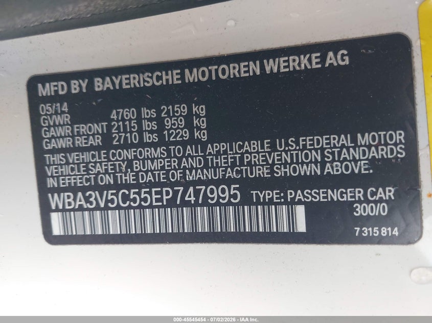 2014 BMW 4er VIN WBA3V5C55EP747995 IAAI salvage auction — FRONT END, Salvage (California), sold $2,350 on 2026-08-05 (photo 9)