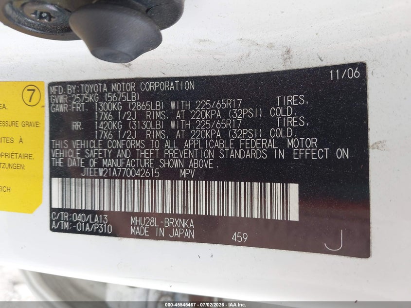 2007 Toyota Highlander VIN JTEEW21A770042615 IAAI salvage auction — LEFT FRONT, Clear (Tennessee), sold $600 on 2026-07-23 (photo 9)