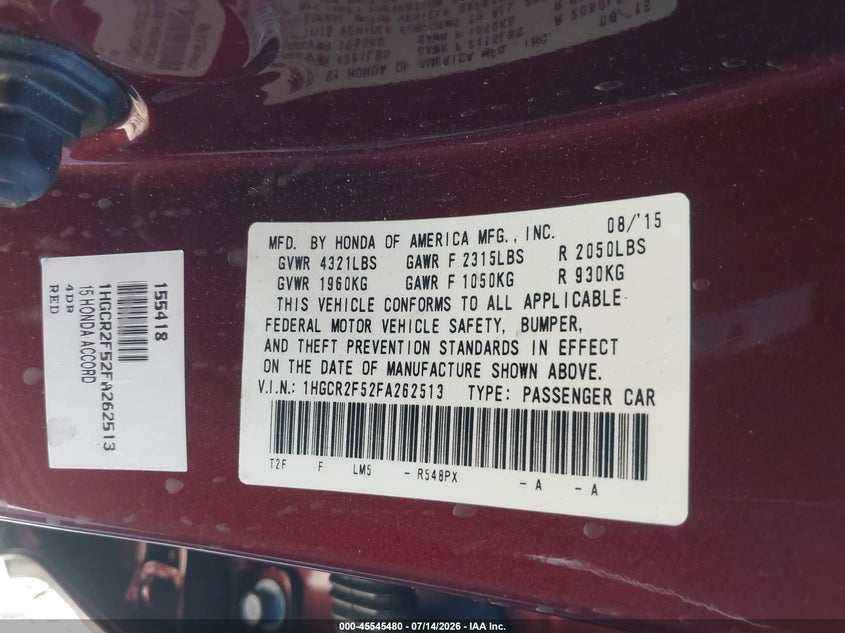 2015 Honda Accord VIN 1HGCR2F52FA262513 IAAI salvage auction — ROLLOVER, Salvage (California), sold $750 on 2026-07-20 (photo 9)