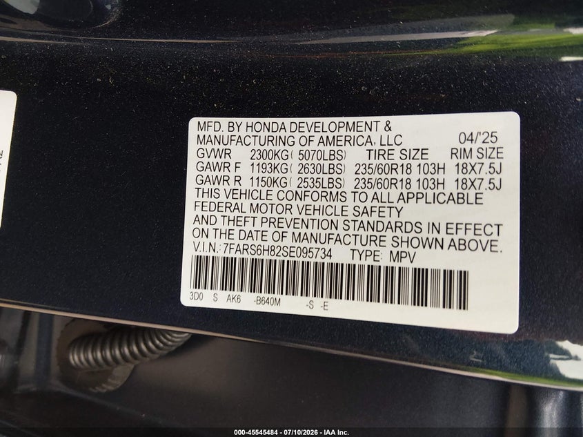 2025 Honda Cr-v VIN 7FARS6H82SE095734 IAAI salvage auction — UNKNOWN, Salvage (Indiana), sold $14,300 on 2026-07-25 (photo 9)
