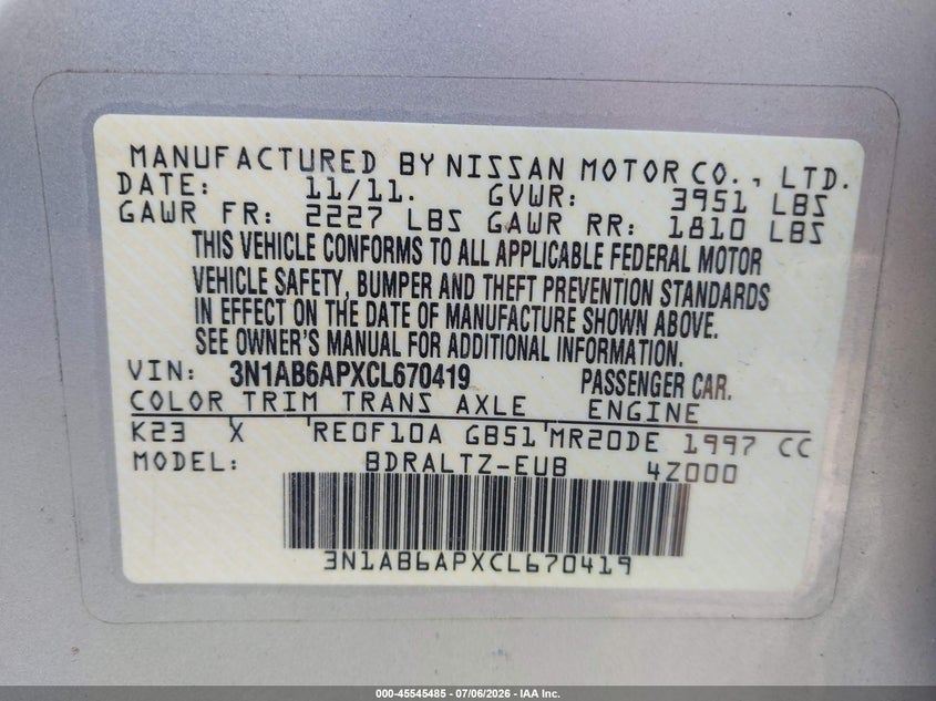 2012 Nissan Sentra VIN 3N1AB6APXCL670419 IAAI salvage auction — LEFT SIDE, Salvage (Ohio), sold $500 on 2026-07-24 (photo 9)