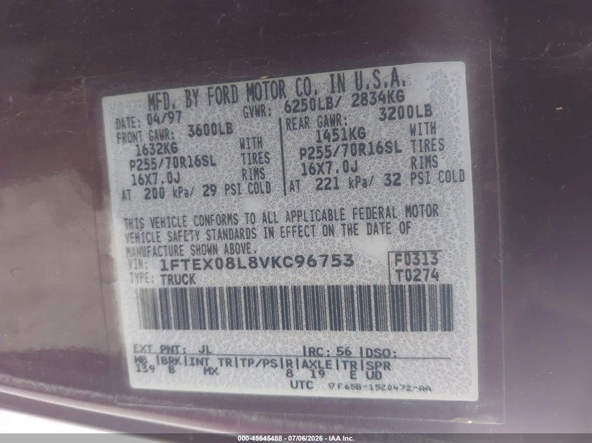 1997 Ford F-150 VIN 1FTEX08L8VKC96753 IAAI salvage auction — NORMAL WEAR, Clear (Utah), sold $350 on 2026-07-09 (photo 9)
