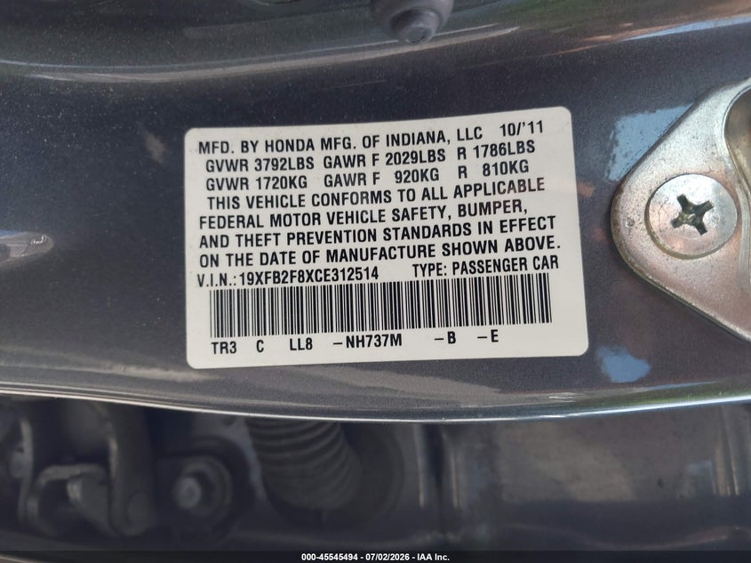 2012 Honda Civic VIN 19XFB2F8XCE312514 IAAI salvage auction — FRONT END, Wait Title, sold $1,650 on 2026-09-02 (photo 9)