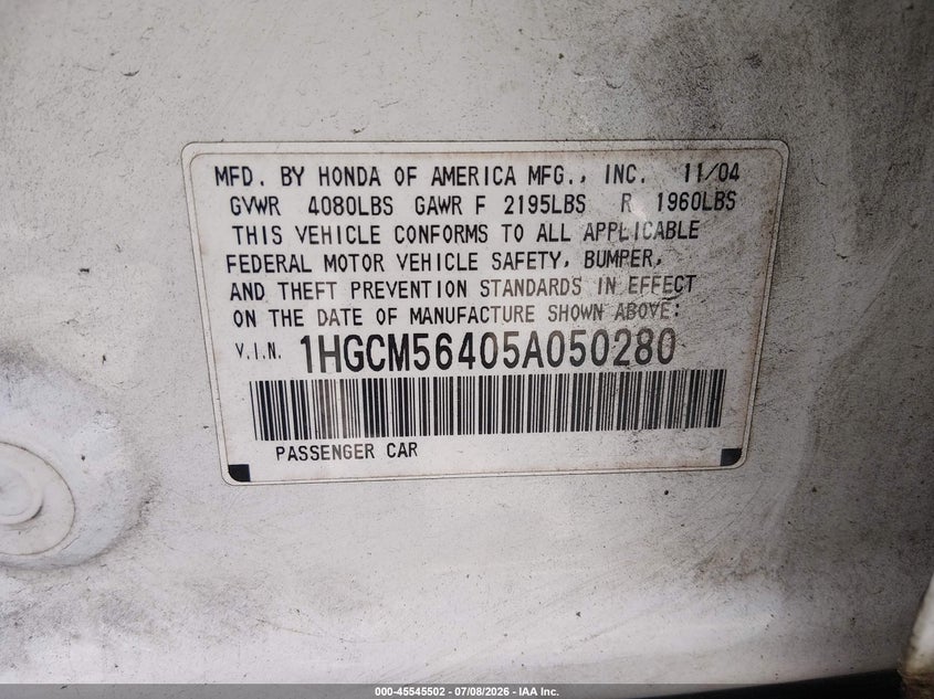2005 Honda Accord VIN 1HGCM56405A050280 IAAI salvage auction — FRONT END, Bill Of Sale (Washington), sold $450 on 2026-07-30 (photo 9)