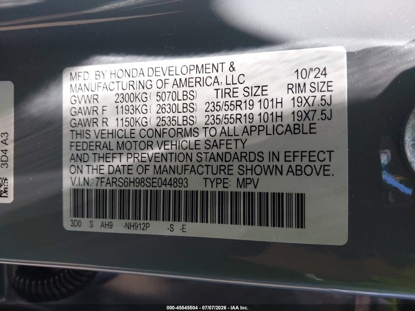 2025 Honda Cr-v VIN 7FARS6H98SE044893 IAAI salvage auction — LEFT SIDE, Salvage Title, sold $10,300 on 2026-07-24 (photo 9)