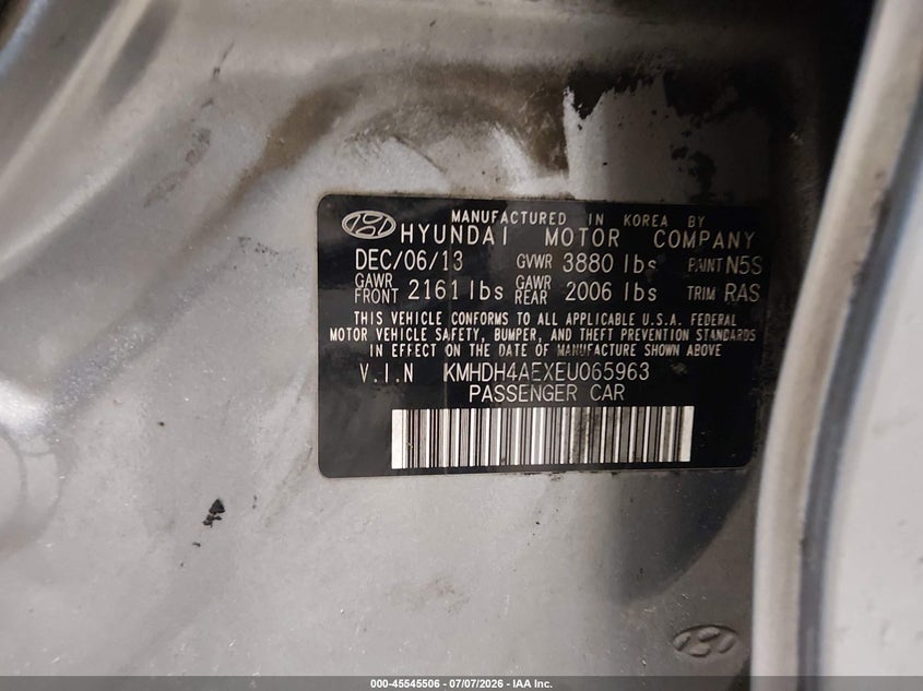 2014 Hyundai Elantra VIN KMHDH4AEXEU065963 IAAI salvage auction — NORMAL WEAR, Clear (Louisiana), sold $275 on 2026-07-29 (photo 9)