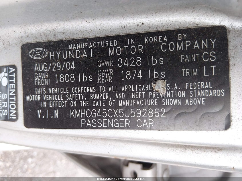2005 Hyundai Accent VIN KMHCG45CX5U592862 IAAI salvage auction — REAR END, Salvage (Pennsylvania), sold $225 on 2026-07-31 (photo 9)