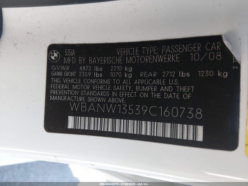 2009 BMW 5 series VIN WBANW13539C160738 IAAI salvage auction — FRONT END, Salvage (California), sold $750 on 2026-07-19 (photo 9)