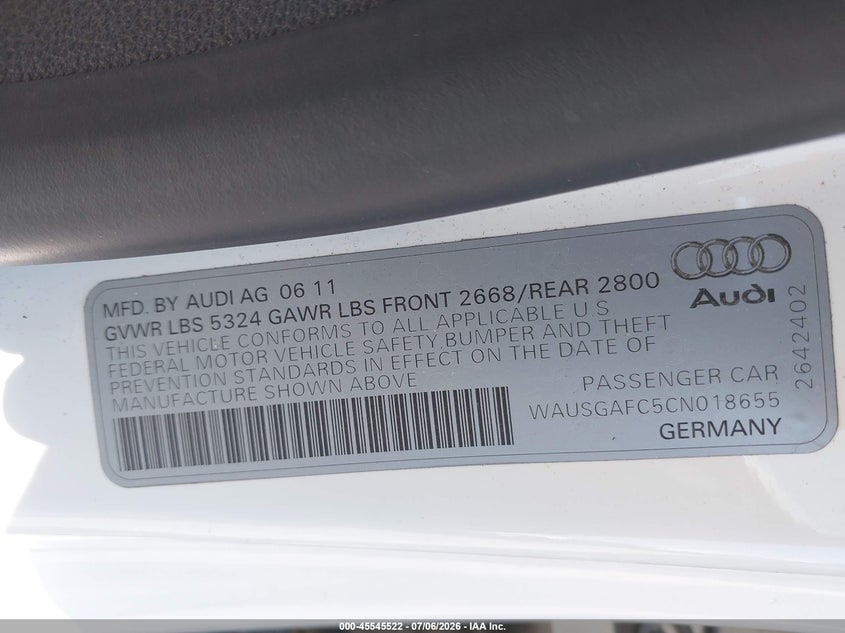 2012 Audi A7 VIN WAUSGAFC5CN018655 IAAI salvage auction — FRONT END, Bill Of Sale (Washington), sold $3,550 on 2026-07-29 (photo 9)