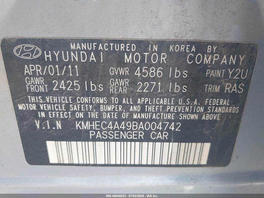 2011 Hyundai Sonata hybrid VIN KMHEC4A49BA004742 IAAI salvage auction — NORMAL WEAR, Clear (New York), sold $700 on 2026-07-23 (photo 9)
