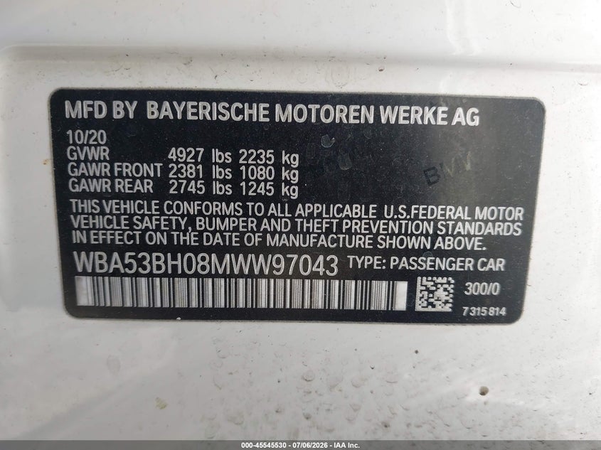 2021 BMW 5er VIN WBA53BH08MWW97043 IAAI salvage auction — LEFT FRONT, Bill Of Sale (Washington), sold $12,500 on 2026-07-11 (photo 9)