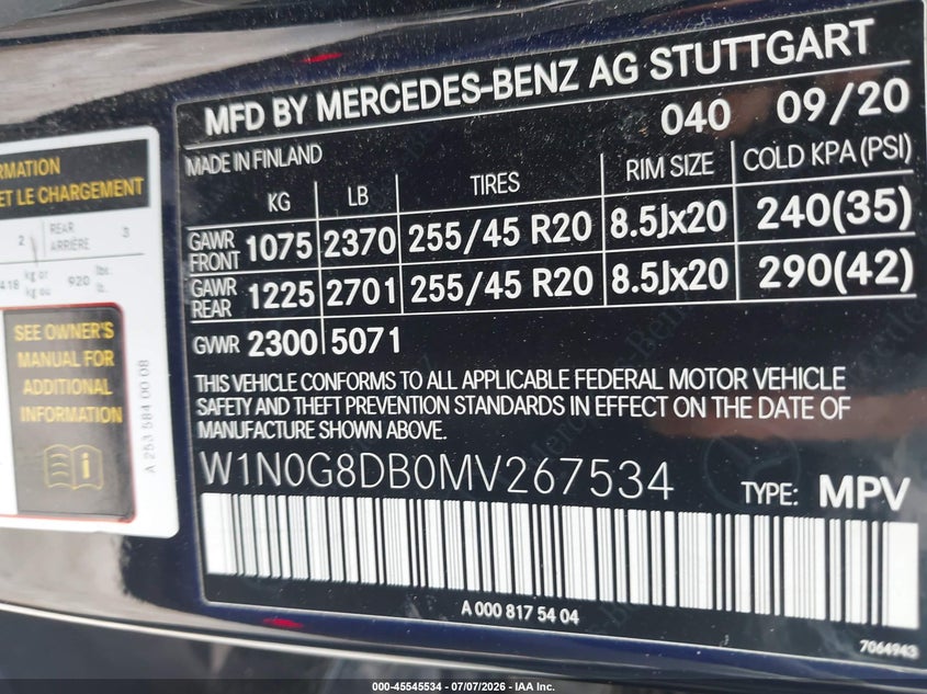 2021 Mercedes-benz Glc VIN W1N0G8DB0MV267534 IAAI salvage auction — RIGHT FRONT, Wait Title, sold $9,000 on 2026-08-21 (photo 9)