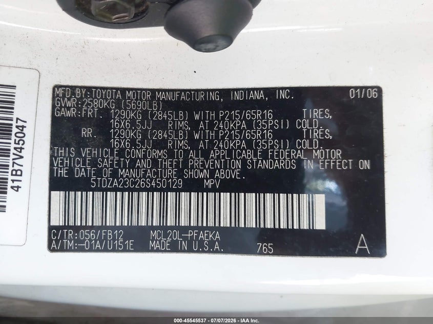 2006 Toyota Sienna VIN 5TDZA23C26S450129 IAAI salvage auction — NORMAL WEAR, Clear (Virginia), sold $500 on 2026-07-21 (photo 9)