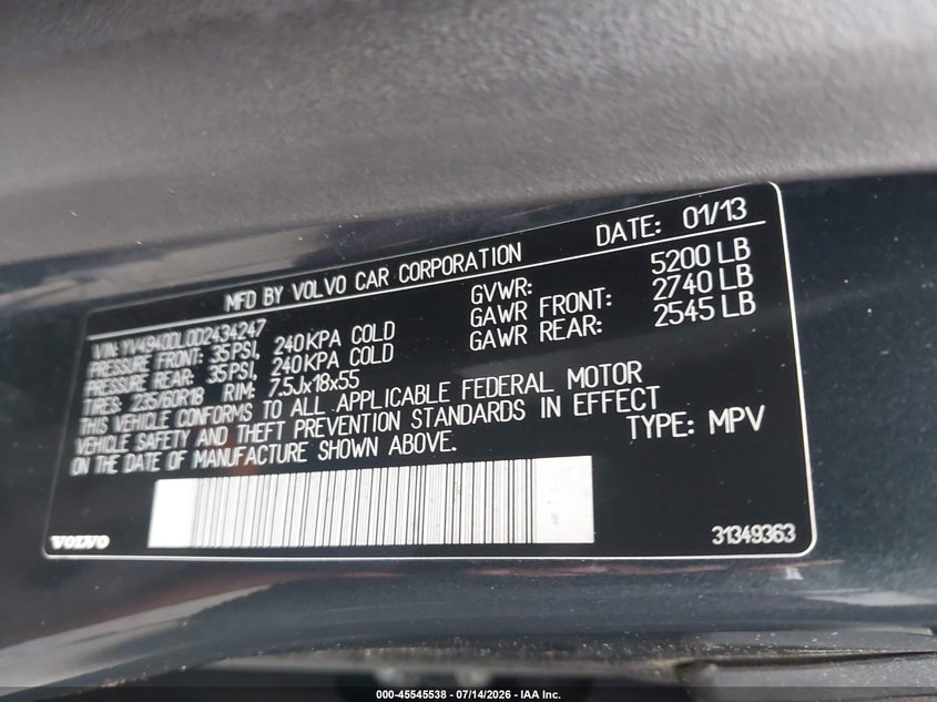 2013 Volvo Xc60 VIN YV4940DL0D2434247 IAAI salvage auction — FRONT END, Salvage Title, sold $375 on 2026-08-17 (photo 9)