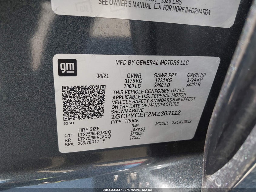 2021 Chevrolet Silverado VIN 1GCPYCEF2MZ303112 IAAI salvage auction — REAR END, Salvage Certificate (California), sold $13,500 on 2026-07-24 (photo 9)