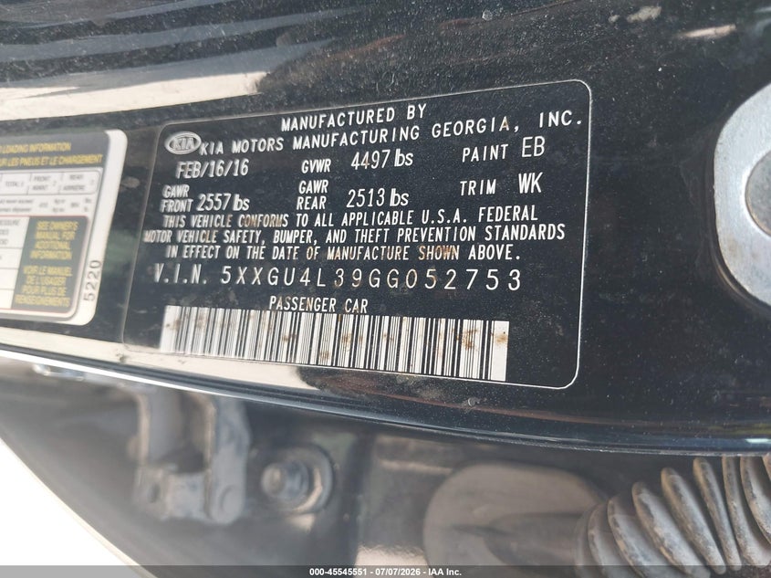 2016 Kia Optima VIN 5XXGU4L39GG052753 IAAI salvage auction — NORMAL WEAR, Original (Texas), sold $1,450 on 2026-08-01 (photo 9)