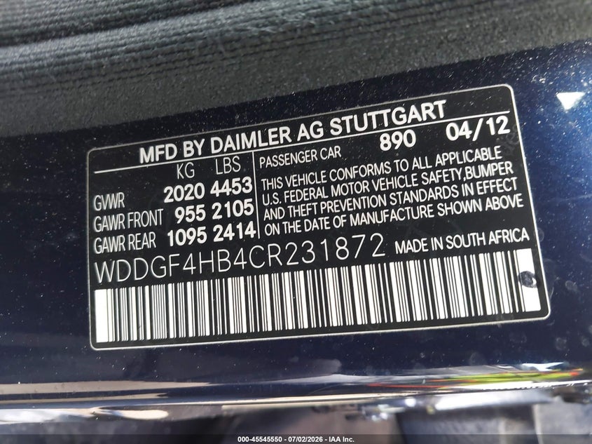 2012 Mercedes-benz C-klasse VIN WDDGF4HB4CR231872 IAAI salvage auction — REAR END, Salvage (California), sold $775 on 2026-07-10 (photo 9)