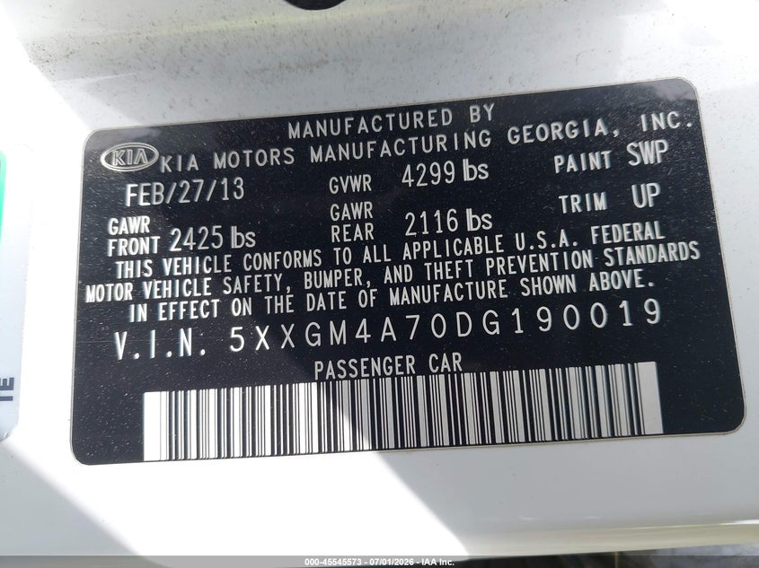 2013 Kia Optima VIN 5XXGM4A70DG190019 IAAI salvage auction — NORMAL WEAR, Clear - Dealer Only (California), sold $1,000 on 2026-07-13 (photo 9)