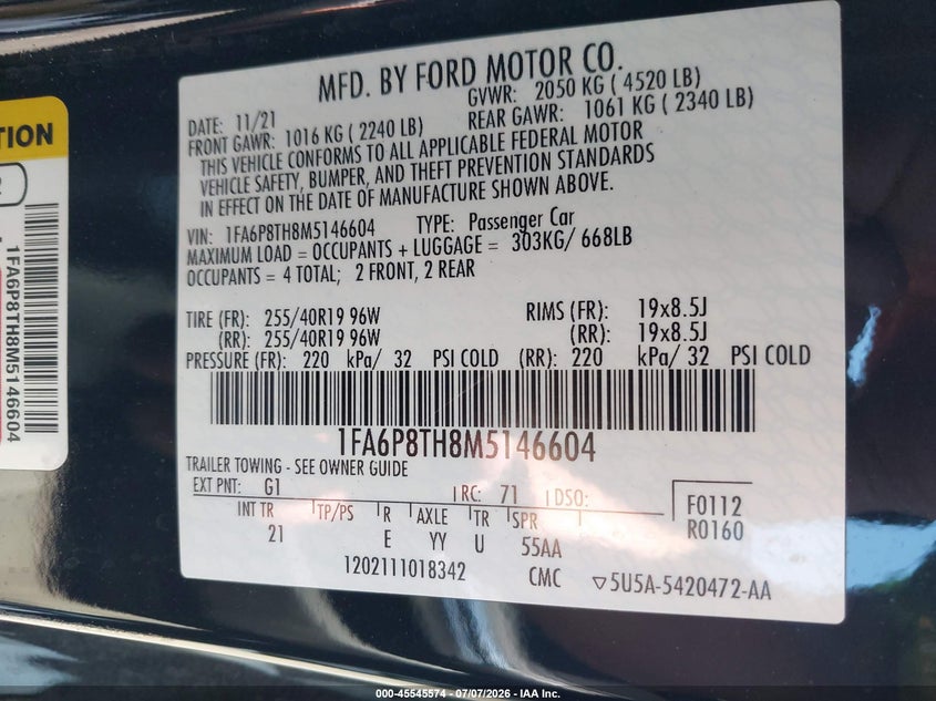 2021 Ford Mustang VIN 1FA6P8TH8M5146604 IAAI salvage auction — FRONT END, Salvage Title, sold $2,050 on 2026-07-24 (photo 9)