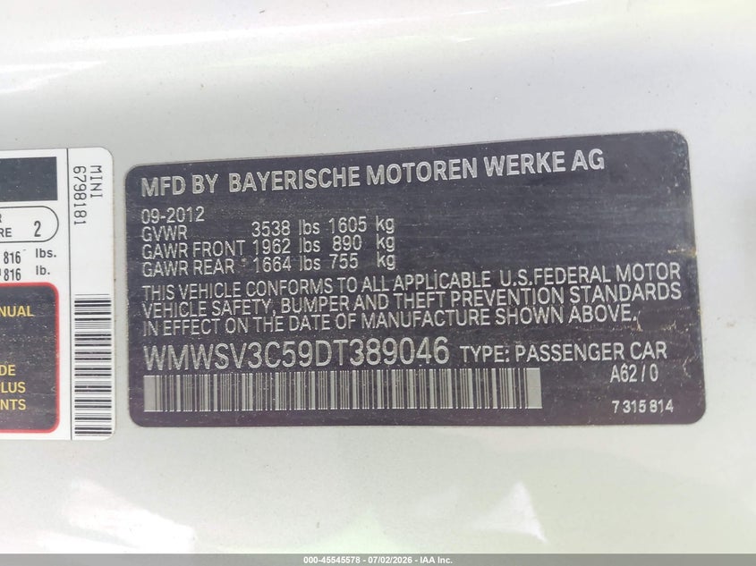 2013 Mini Hardtop VIN WMWSV3C59DT389046 IAAI salvage auction — NORMAL WEAR, Clear (New Mexico), sold $375 on 2026-07-27 (photo 9)