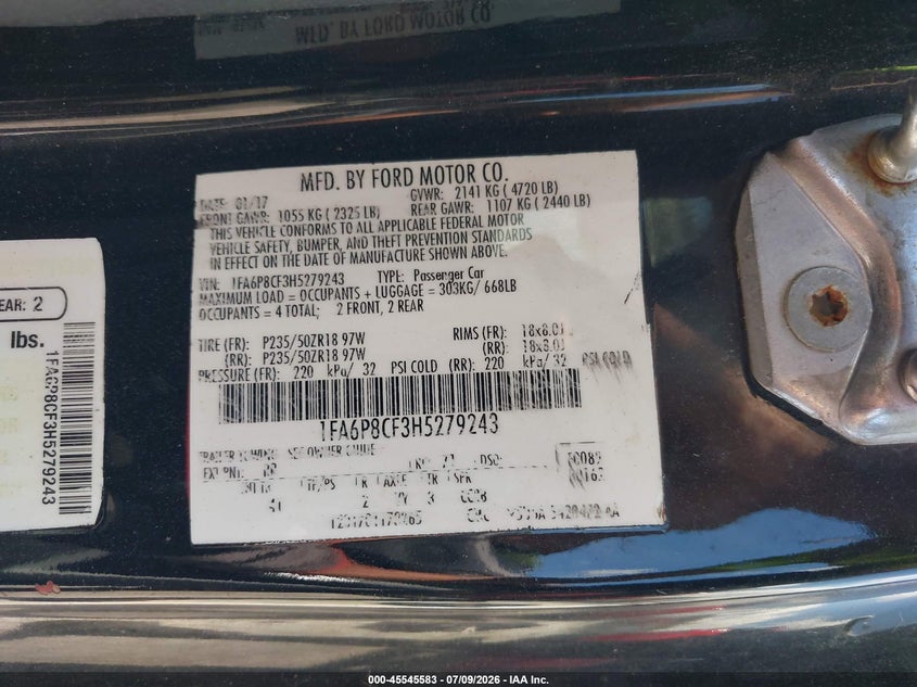 2017 Ford Mustang VIN 1FA6P8CF3H5279243 IAAI salvage auction — FRONT END, Salvage (Georgia), sold $3,200 on 2026-07-29 (photo 9)