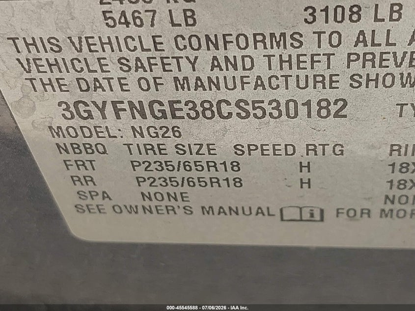 2012 Cadillac Srx VIN 3GYFNGE38CS530182 IAAI salvage auction — FRONT END, Wait Title, sold $650 on 2026-09-04 (photo 9)
