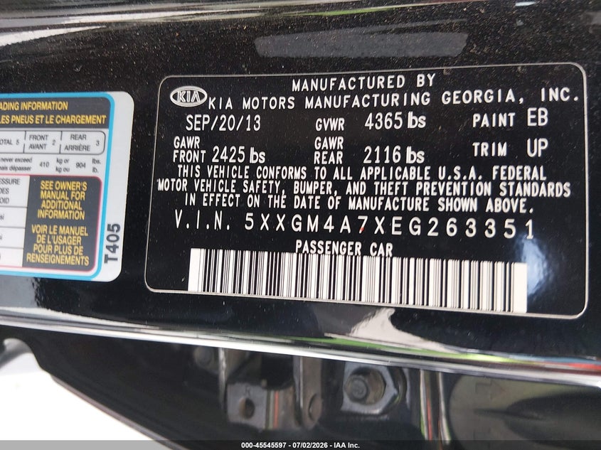 2014 Kia Optima VIN 5XXGM4A7XEG263351 IAAI salvage auction — NORMAL WEAR, Original (Texas), sold $900 on 2026-07-28 (photo 9)