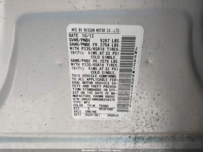 2013 Nissan Murano VIN JN8AZ1MWXDW304376 IAAI salvage auction — STORM DAMAGE, Certificate Of Title (Nebraska), sold $75 on 2026-07-30 (photo 9)