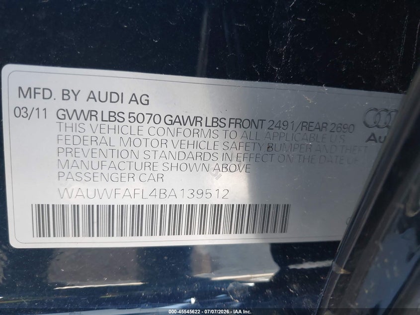 2011 Audi A4 VIN WAUWFAFL4BA139512 IAAI salvage auction — NORMAL WEAR, Clear (Oklahoma), sold $2,000 on 2026-07-14 (photo 9)