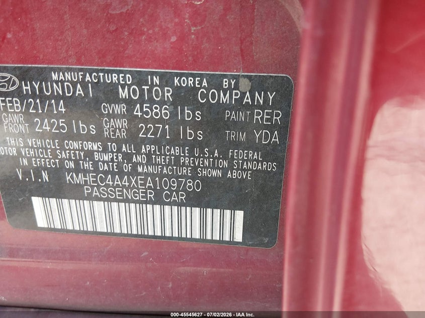 2014 Hyundai Sonata VIN KMHEC4A4XEA109780 IAAI salvage auction — NORMAL WEAR, Original (Texas), sold $325 on 2026-07-29 (photo 9)